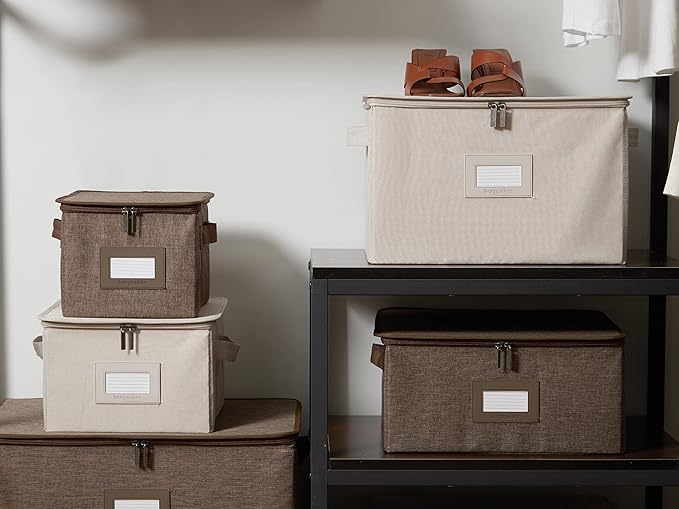 Covermates Keepsakes Zip-Top Storage Box Set, 3 Pack Heavy Duty Polyester Organizer Bins, Stackable Design, ID Window, Reinforced Handles, Closet Home Storage, Brown Heather