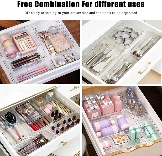 14 PCS Adjustable Clear Drawer Organizer Set - 3-Size Acrylic Storage Boxes for Makeup, Stationery, Kitchen Utensils, Tools & Bedroom Dresser Organization