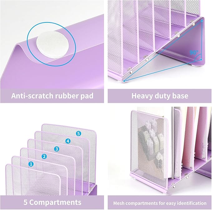 LEKETREE File Organizer for Desk, Desk Organizer with 5-Section Vertical File Rack, File Folder Organizer (Purple)