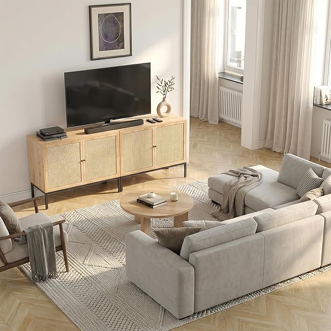 Yechen Set of 2 63" Sideboard Cabinet with Natural Rattan Doors, Buffet Console & Accent Cabinet, Rattan Credenza Storage with Metal Legs for Living Room, Kitchen, Dining Room
