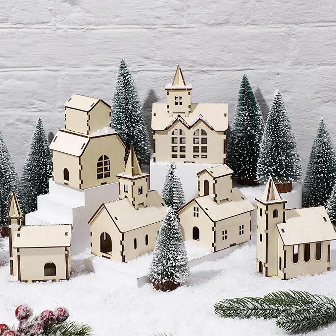 Hiboom 24 Pcs DIY Christmas Village Sets Wood Rustic Church Christmas Mini Wooden House Gift for Winter Xmas Party Crafts Decorations