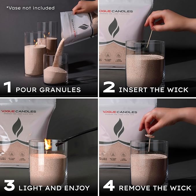 Vogue Candles Granulated Nude Wax Refill – 1LB Pearled Candle Sand Wax – Sand Candle Kit with 15 Cotton Wicks for DIY Home Lighting – Plant-Based & Reusable for Clean Burning, Custom Vessels & Décor