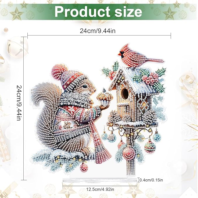 5D Diamond Art Painting Ornament Kits Birdhouse and Squirrel, DIY Diamond Art Painting Desktop Ornament, Special Shaped Crystal Rhinestone Diamond Art Table Top Home Office Christmas Decor (24x24cm)