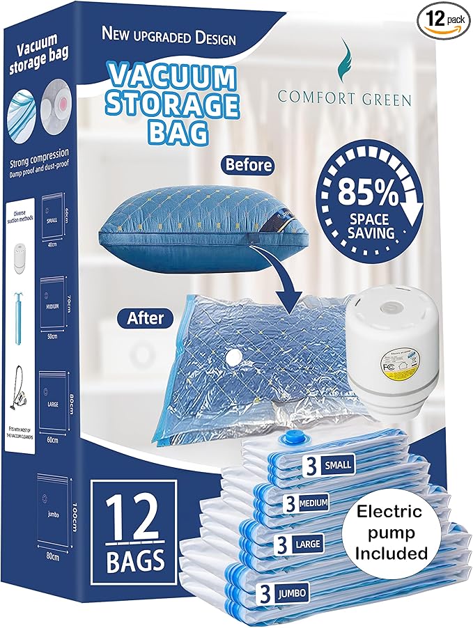 Reusable Vacuum Storage Bags with Electric Pump, Space Saver Bags for Travel Luggage, Clothing, Blankets, Bedding, Moving & Home Organization, 12 Combo
