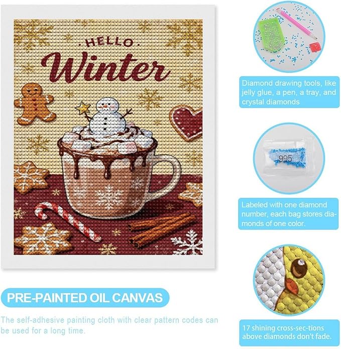 Diamond Painting Kits for Adults - Hello Winter Ice Cream & Gingerbread Snowflakes & Candles Painting DIY 5D Full Drill Diamond Dots Paintings with Diamonds Gem Art And Crafts Home Decor 16"x20"