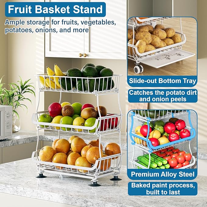 3-Tier Rolling Pantry Floor Organizer and Storage Cart with Wheels, Stackable Wire Pantry Baskets for Pantry Shelves, Kitchen Storage Rack and Fruit Basket Stand for Fruit Snack Onion Potato