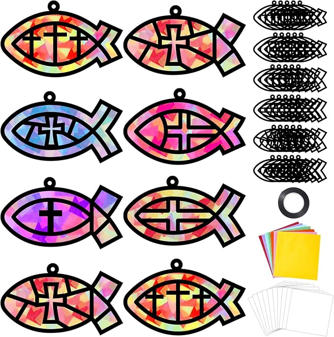 Qyeahkj 36 Set Christian Jesus Cross Fish Suncatchers Crafts for Kids DIY Religious Faith Fish Window Tissue Paper Craft Kit VBS Hanging Decor for Summer Sunday School Home Activity Church Art Project