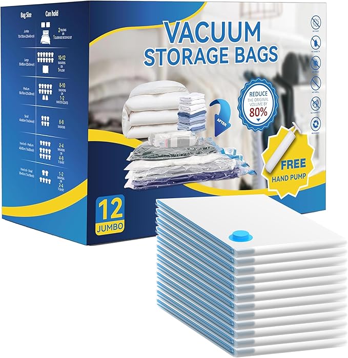 12 Jumbo Compression Storage Bags, Vacuum Seal Bags with Hand Pump for Blankets, Comforters, Bedding, Pillows and Clothes Storage