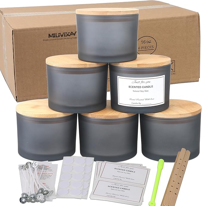 MILIVIXAY 6 Pack 16 oz Candle Jars with Bamboo Lids and Candle Making Kits - 3 Wick Candle Jar Bulk Empty Frosted Grey Thick Glass jars - Spice, Powde Spice, Powder Containers.