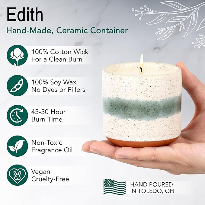 Hyggelight - The Growing Candle, Rosemary & Sage Scent, 8.5oz Ceramic Pot, Single Wick Aromatherapy Candles, 100% Soy for Women and Men, Edith