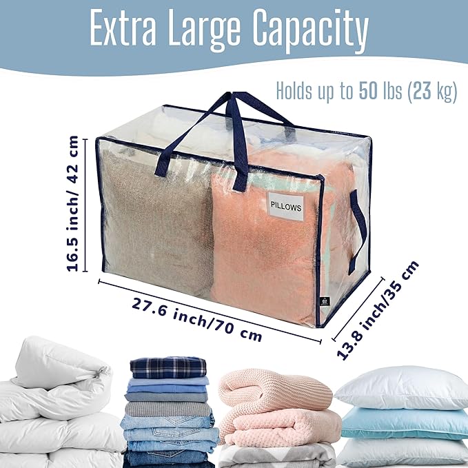 VENO 8 Pack Clear Extra Large Moving Bags & Storage Totes, Heavy Duty Organizer with Reinforced Handles & Strong Zippers for Clothes, College Dorm Essentials, Moving Supplies