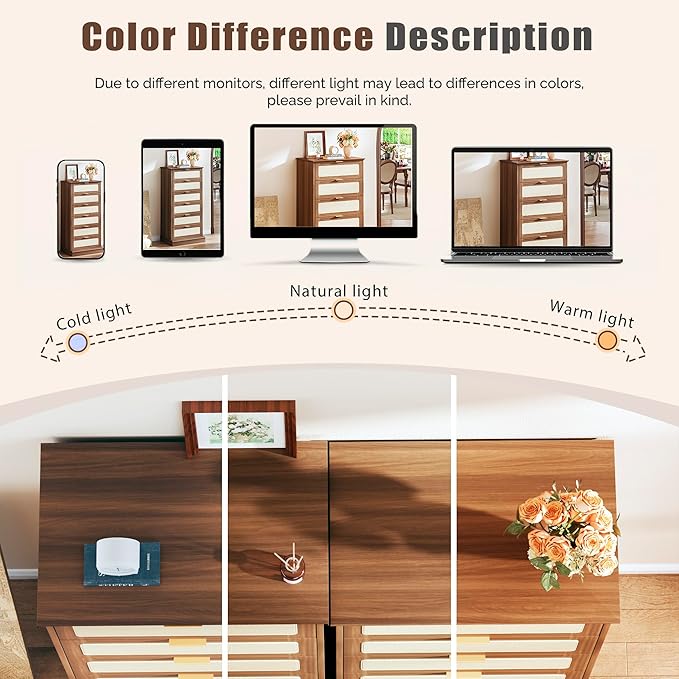 HUAHUU 6 Drawer Dresser for Bedroom, 50 Inch Tall Dressers & Rattan Chest of Drawers, Mid Century Style, Wood Modern Dressers Organizer for Bedroom, Living Room, Hallway, Entryway, Walnut