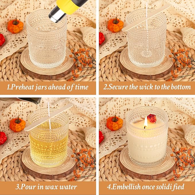 CONNOO 16 Pack 7 OZ Thick Pearl Glass Candle Jars for Making Candles with Airtight Bamboo Lids, Wicks & Stickers, for DIY Candle Making, Bulk Orders, Gifts & Home Décor, Clear