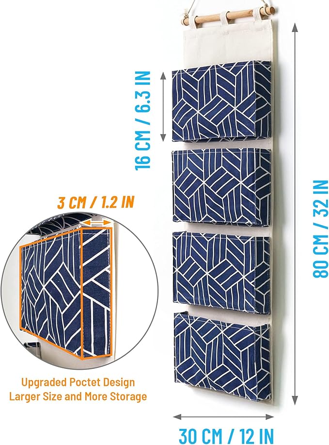 CROWNED 2Pcs Over Door Hanging Storage Bags Wall Mount Closet Organizer, 4 Big Pockets Linen Cotton Fabric Multi Functional Living Room Bedroom Bathroom File Magazine Waterproof Free Hooks Navy