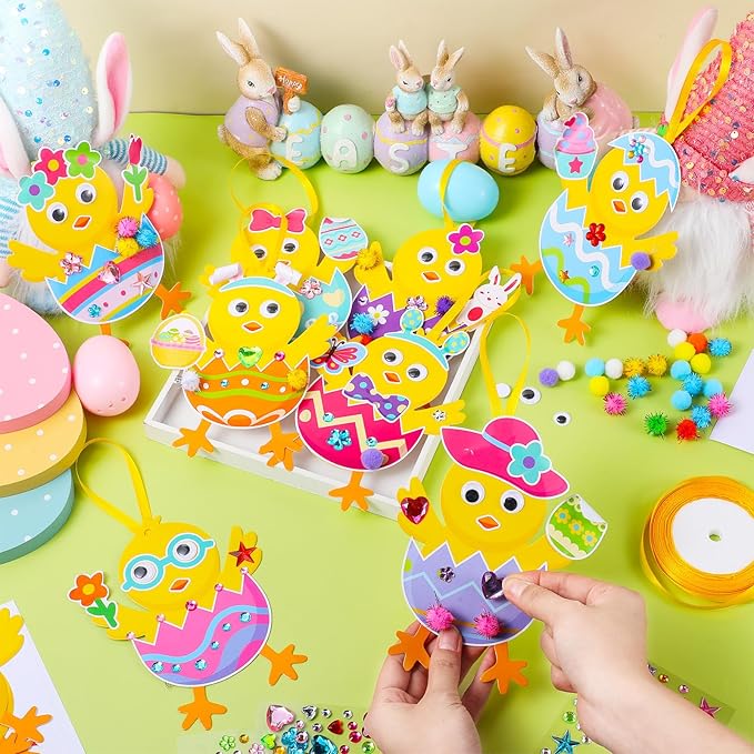 Funrous 48 Sets Easter Crafts Kit Easter Egg Chick Paper Crafts DIY Make Your Own Chick Hanging Ornaments Decorations with Pompoms Diamond Stickers Spring Classroom Activity Arts Gifts Party Favors