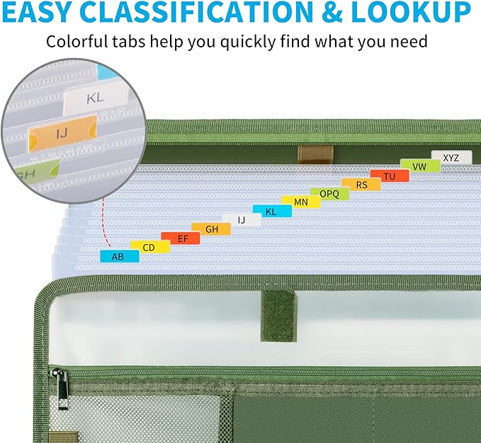 Andyer Accordion File Organizer with Lock, Fireproof Expanding File Folder with Tabs, 13 Pockets Important Document Organizer with Handle, Portable Paperwork Business Organizer, Letter/A4-Size (Green)