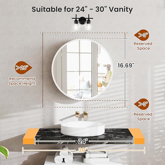 SUNWAVE 20 Inch Round Black Medicine Cabinet with Mirror, Modern Wall Mounted Vanity Cabinet for Bathroom, Circle Bathroom Mirror with Storage, Space-Saving Wood Cabinet (White, 20 Inch)