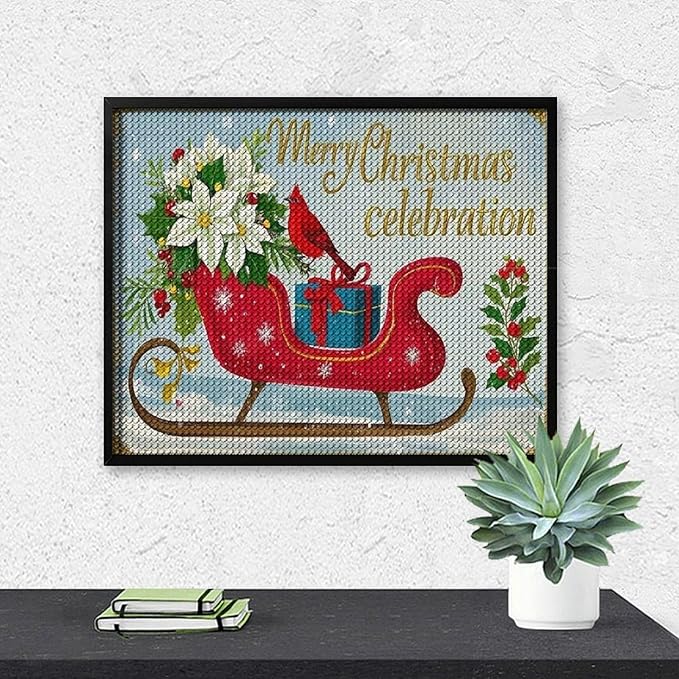 Diamond Painting Kits for Adults - Red Sleigh with Poinsettias, Cardinal Bird Merry Christmas Painting DIY 5D Full Drill Diamond Dots Paintings with Diamonds Gem Art And Crafts Home Decor 16"x20"