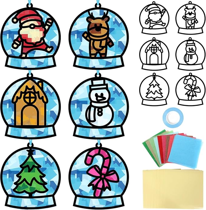 Qyeahkj 36 Set Winter Christmas Suncatchers Craft Kit for DIY Santa Snowman Reindeer Globe Tissue Paper Craft Kit Hanging Decor for Xmas Home Activity Art Project Birthday Party Favor Gift