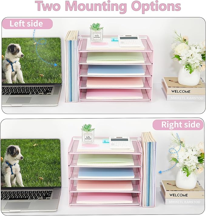 OPNICE Desk Organizer, 5-Tier Paper Organizer Letter Tray with Magazine Holder, Office Desk Accessories & Workspace Organizers, Desktop File Organizer for Office Supplies Storage, Pink