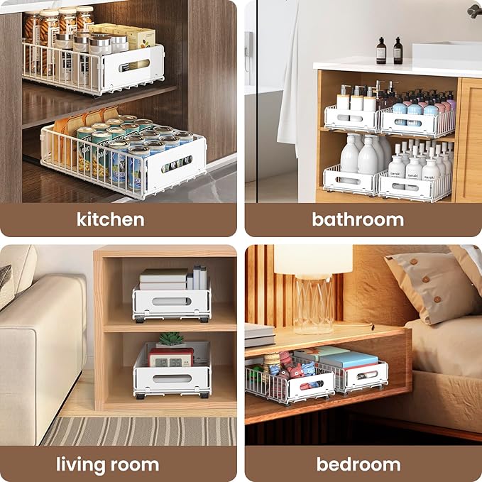 Pull Out Cabinet Organizer, 4 Pack Heavy Duty Slide Out Drawers Pantry Shelves Fixed With Strong Adhesive Glue and Handle for Kitchen, Living Room, Bathroom, Home (14.8" D X 9.6" W X 3.9" H)