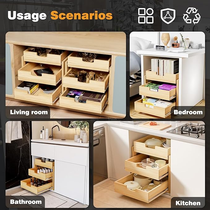 Pull Out Cabinet Organizer, 23''W×21''D Sliding Drawers for Cabinets, 3 Tier Soft Close Slide Out Wooden Pull out Drawers, Base Cabinet Organization for Kitchen, Pantry, Bathroom