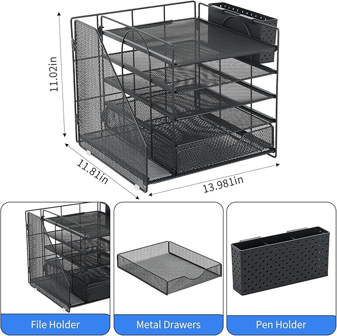 Desk Organizer with Drawer and Pen Holder, 5-Tier Paper Letter Tray Organizer with File Holder, Suitable for Workspace Organizer Office Supplies Storage (Black)