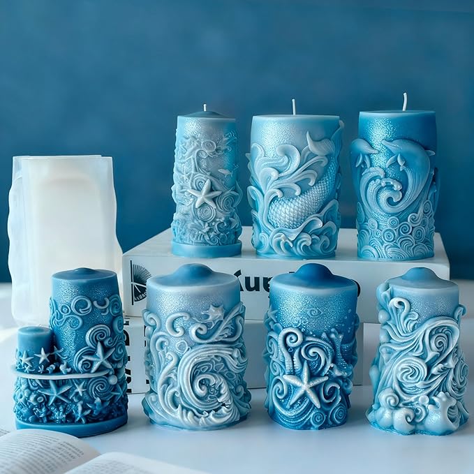 Ocean Animal Cylinder Candle & Resin Mold - Resin Casting Silicone Molds for Home Decor & Candle Making Wave Spiral Mold