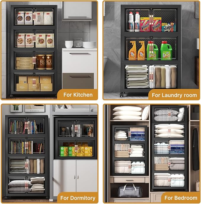 UAMFURI Extra Large Stackable Storage Bins with Lids & Wheels, Foldable Collapsible Closet Organizers Dark Storage Cabinet with Doors for Bedroom Dorm