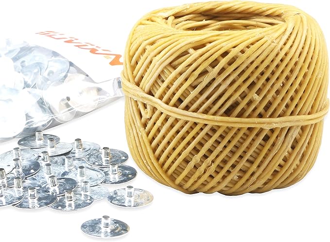 MILIVIXAY 100% Organic Hemp Candle Wick with Natural Beeswax Coating, 200 FT Spool, Standard Size (1.0mm)+ Wick Sustainer Tabs (200PCS).