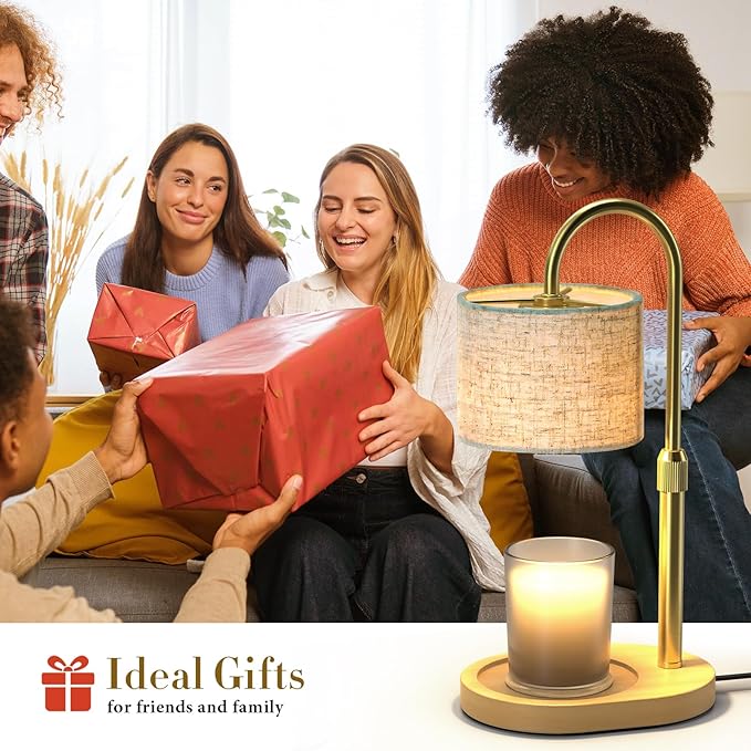 Gold Candle Warmer Lamp with Timer Dimmer, Height Adjustable Electric Candle Warmer Wax Heater with Wooden Base 2 Bulbs, Birthday Gifts for Women Her, Mom, House Warming Gifts New Home