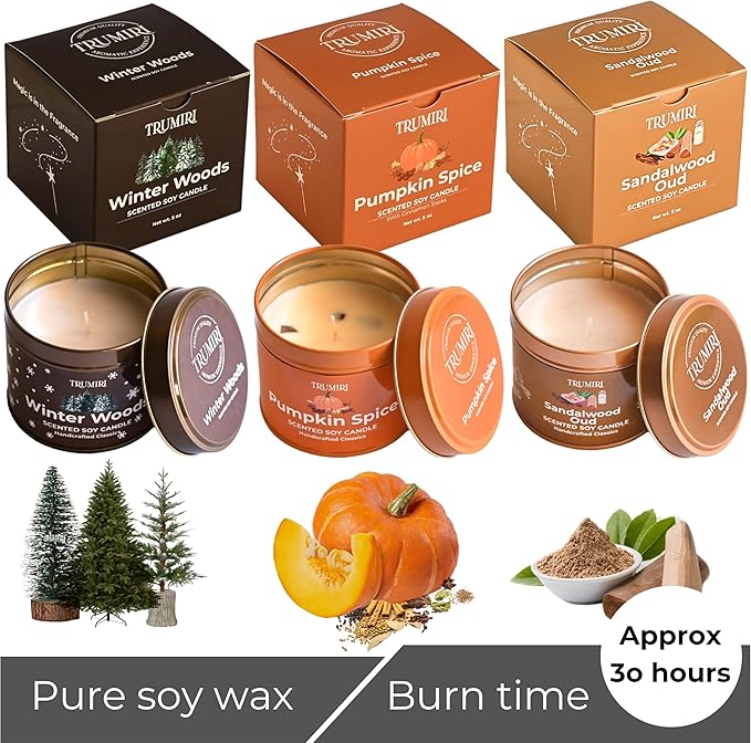 Winter Woods, Pumpkin Spice, Sandalwood Oud - Soy Candles Non Toxic - Highly Scented Long Lasting with Essential Oils - Variety Pack of 3 x 5oz - for Home Aromatherapy Meditation Gift Travel