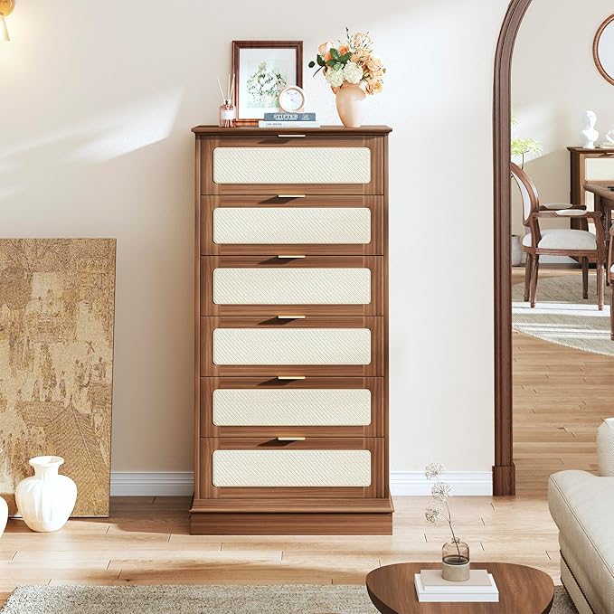 HUAHUU 6 Drawer Dresser for Bedroom, 50 Inch Tall Dressers & Rattan Chest of Drawers, Mid Century Style, Wood Modern Dressers Organizer for Bedroom, Living Room, Hallway, Entryway, Walnut