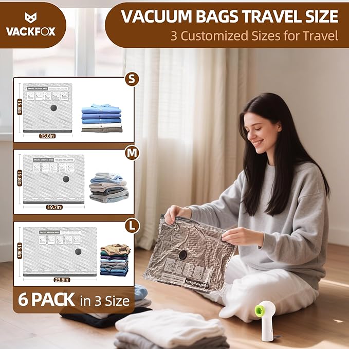 Travel Vacuum Bags with Rechargeable USB Pump, 6 Pack Carry-On Size Vacuum Travel Bags for Luggage & Suitcase, Vacuum Bags for Travel, Space Saver Compression Bags for Clothes & Clothing