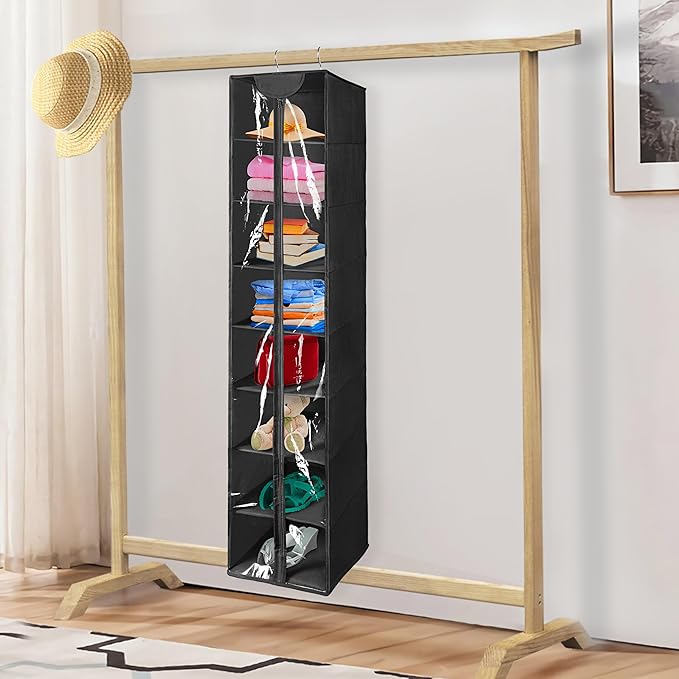 Coastal Rose 8 Tier Clear PVC Hanging Organizer With Zipper, Sweater Storage Shelves With Cover, Shoe Organizer for Closet, Black