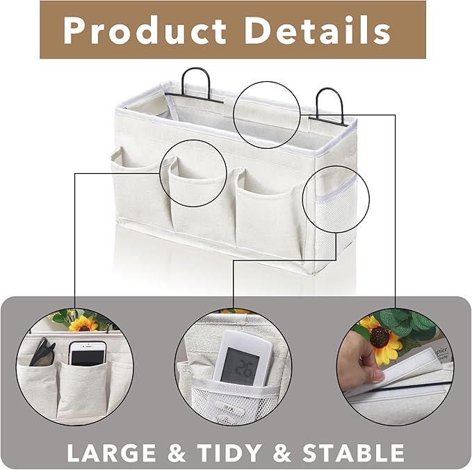 Kanrichu Wall Hanging Organizer Bag, 2-Pack Linen Storage Baskets with Pockets, WallHanging Storage Basket for Bedroom, Kitchen, Office, RV Camper (White-2pcs)