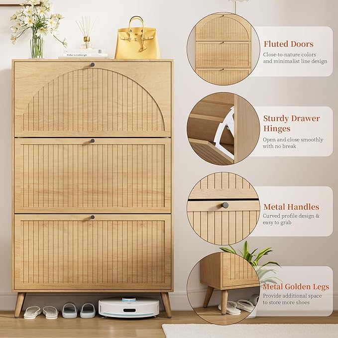 Fsbecl Shoe Storage Cabinet for Entryway with 3 Flip Drawers, Narrow Shoe Organizer with Fluted Panel, Freestanding Wood Hidden Shoe Cabinet for Hallway(Wood Color, 31.4''W, Double Layer)
