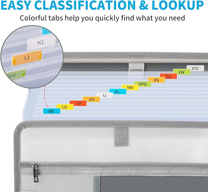 Andyer Accordion File Organizer with Lock, Fireproof Expanding File Folder with Tabs, 13 Pockets Important Document Organizer with Handle, Portable Paperwork Business Organizer, Letter/A4-Size (Gray)