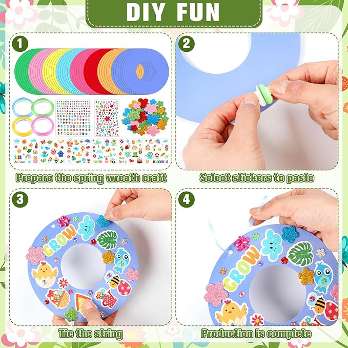 Hollowfly 48 Sets Spring Wreath Craft Kits DIY Wreath Hanging Ornaments Make Your Own Paper Craft with Stickers for Home Party Favors Activities