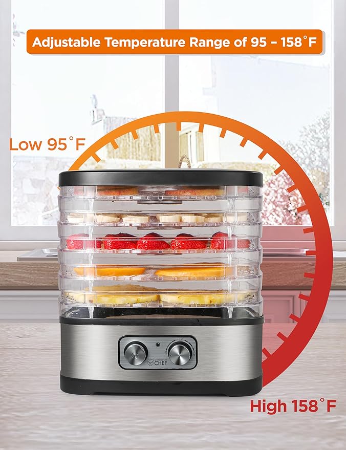 COMMERCIAL CHEF Food Dehydrator, 5 BPA-Free 10” x 9.25” Adjustable Height Trays, Stainless Dehydration Machine for Beef Jerky, Dehydrated Vegetables, Fruits and More, CHD200S, Black/Stainless Look