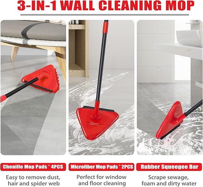 NEWE Wall Mop Cleaner, 80 inches Long Handle, 180° Folding Ceiling Cleaning Tool with Squeegee for Washing Painted Walls, Triangle Baseboard Scrubber with 3 Chenille Duster and 3 Microfiber Pads (Red)