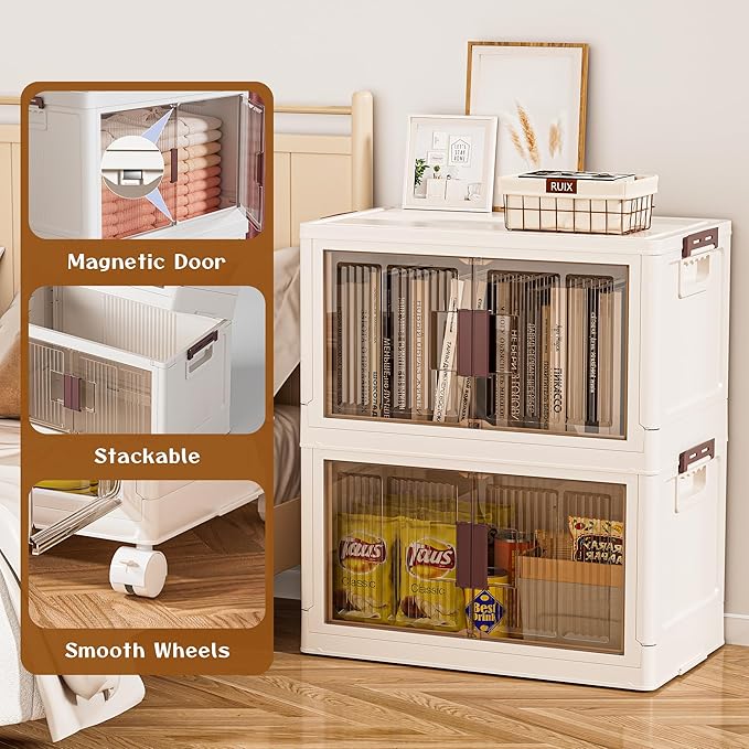 32GAL/128QT 4 tier large stackable storage bins with lid and wheels, collapsible storage bins plastic with doors，suit for clothes, closet, home and office