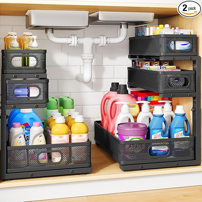 Under Sink Organizer, 2-Pack 3-Tier Thickened Metal Pull out Cabinet Organizer Shelf, Height Adjustable Slide out Storage Drawer Rack for Kitchen Bathroom Pantry Laundry Home Office Organization