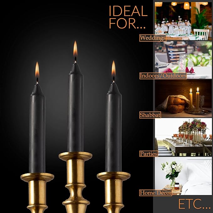 Straight Black Candlesticks - Pack of 8 6" Coated Black Candles - 5 Hour Long Burning Unscented Candles for Halloween, Chime, Wedding, and Home Decoration