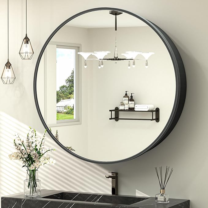 TokeShimi 30x30 Black Medicine Cabinet for Bathroom, Round Medicine Cabinet with Mirror Shatterproof, Removable Shelf, Surface Mount Only