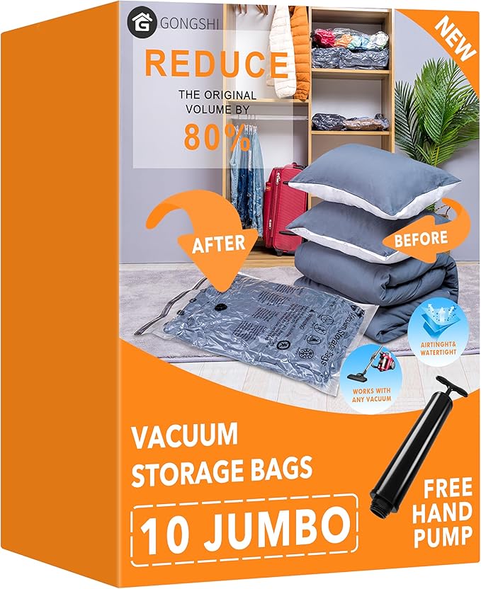 GONGSHI Vacuum Storage Bags, Space Saver Seal Bags For Clothing, Blankets, Comforters, Pillows, Clothes Storage,Travel Luggage.10 Jumbo