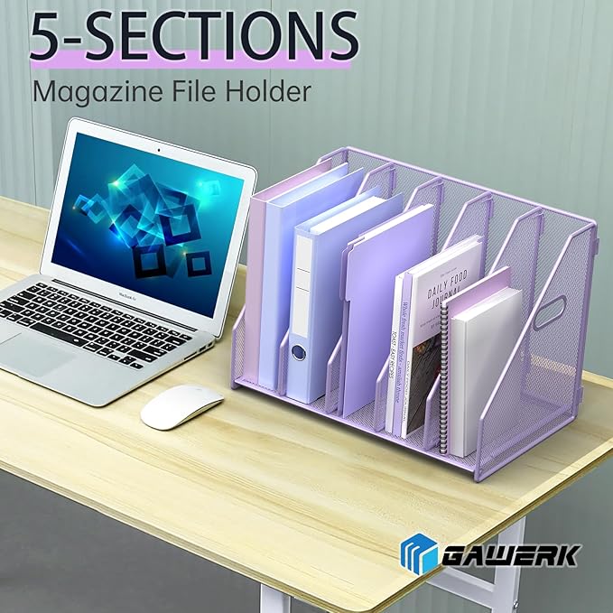 MINDEPOT Desk File Organizer Metal Desk Magazine Folder Holder with 5 Vertical Compartments Rack File Organizer for Office, Home, School (Purple)