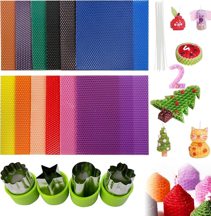 Beeswax Candle Making Kit 12 Pcs Mixed Colors 8x8 Inch Beeswax Sheets with Wicks, Wax Cutters for Craft Projects