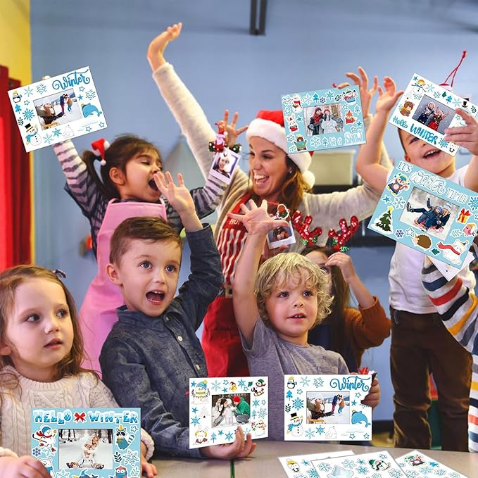 Hayux DIY Craft Kits for Kids - 24 Packs DIY Winter Wonderland Photo Frames Set with Stickers Paper Picture Frames Funny Winter Gifts Craft for Christmas Party Favors School Activities