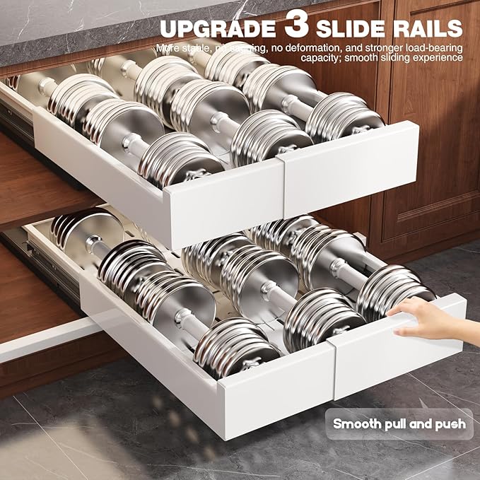 2 Pack Pull Out Cabinet Organizer Expandable Width(11"-16") and Depth(17"-24"),Slide Out Drawers with Raising Pad for Framed Cabinets,No Drill Roll Out Shelves for Kitchen,Bathroom,White